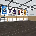 Spacious Basketball Gym Featuring Open Ceiling Suspended Lights Basketball Player Posters Wooden Floor And Hoop
