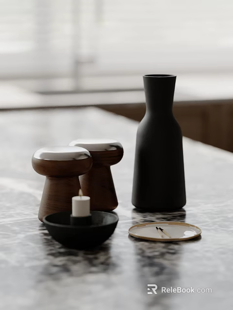 Minimalist Modern Decorative Ornament Set with Wooden Mushroom Ornaments Black Vase and Gold Rimmed Plate 3d model 