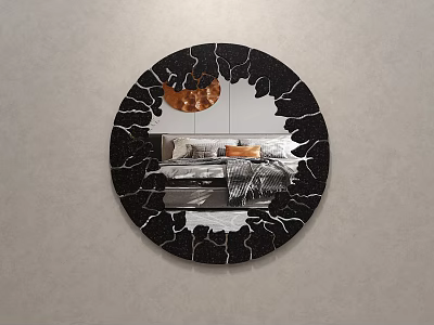 Round Mirror With Black Cracked Frame Reflects Bedroom Bed And Pillows 3d model Round Mirror With Black Cracked Frame Reflects Bedroom Bed And Pillows 3d model