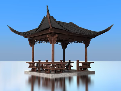 Ancient Chinese Pavilion With Traditional Wooden Structure Overhanging Eaves And Water Reflection 3d model
