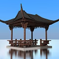 Ancient Chinese Pavilion With Traditional Wooden Structure Overhanging Eaves And Water Reflection