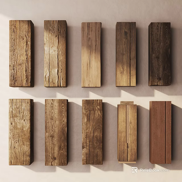 Different Wooden Planks With Natural Texture And Varied Colors In Wall Display Arrangement 3d model 
