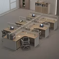 Modern Office Cubicle Desks With Laptops Files Plants And Ergonomic Chairs