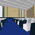 Spacious Formal Conference Room With White Chairs Blue Tablecloths And Documents On Tables