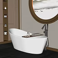 Modern Freestanding Bathtub with Round Mirror Wooden Shelves and Towels in Elegant Bathroom Interior