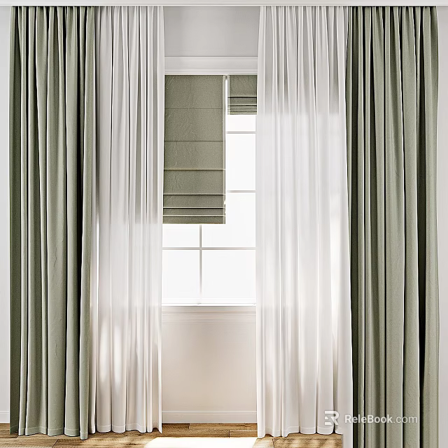 Green Thick Curtains And White Sheer Curtains With Indoor Window Blinds Letting In Light 3d model 