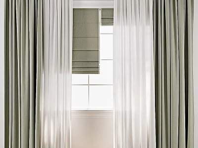 Green Thick Curtains And White Sheer Curtains With Indoor Window Blinds Letting In Light 3d model