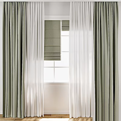 Green Thick Curtains And White Sheer Curtains With Indoor Window Blinds Letting In Light 3d model
