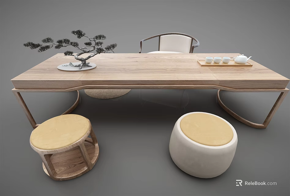 Modern Wooden Tea Table With Beige Stools And Tea Set For Relaxing Tea Space 3d model