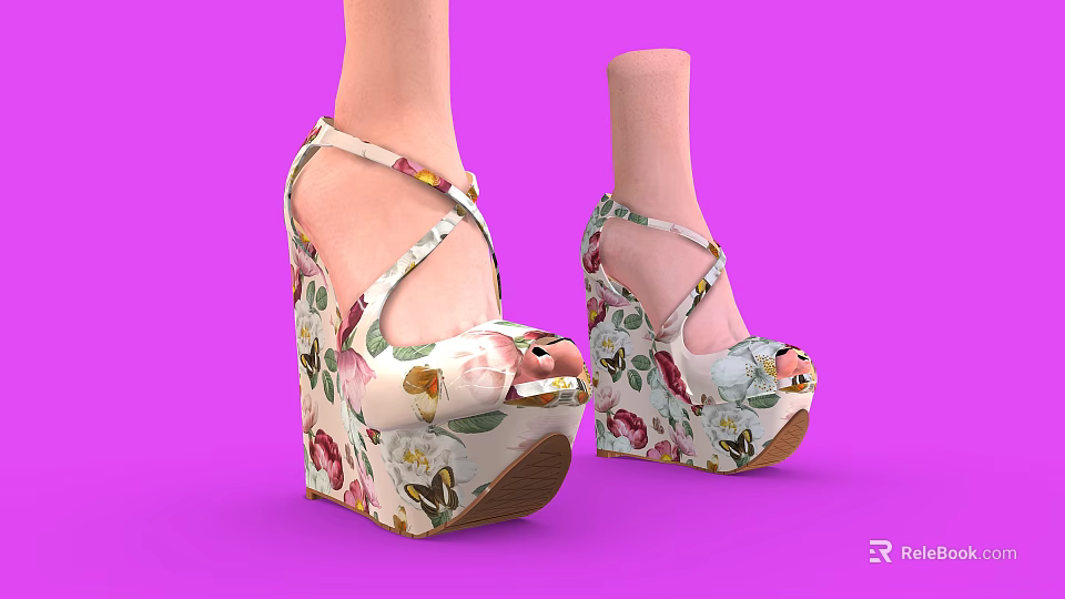 Women's Floral Pattern Wedge Heel Sandals With Cross Straps And Intricate Print Design 3d model 