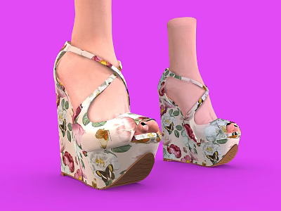 Women's Floral Pattern Wedge Heel Sandals With Cross Straps And Intricate Print Design 3d model