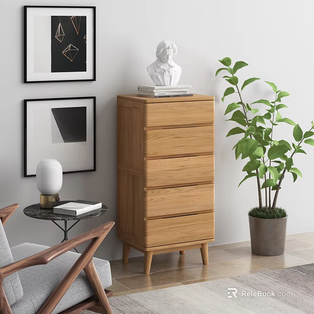 Wooden Chest of Drawers with Statue Plant and Artwork in Modern Room 3d model 