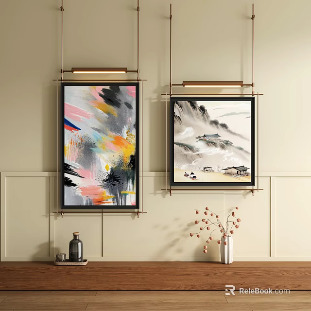 Traditional Chinese Landscape Painting with Abstract Art Hanging on Beige Wall Interior Decor 3d model 