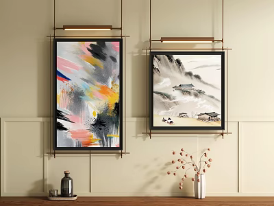 Traditional Chinese Landscape Painting with Abstract Art Hanging on Beige Wall Interior Decor 3d model
