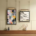 Traditional Chinese Landscape Painting with Abstract Art Hanging on Beige Wall Interior Decor