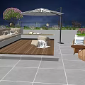 Rooftop Garden With Wooden Deck White Sofa Umbrella Lush Plants And Pink Flowers