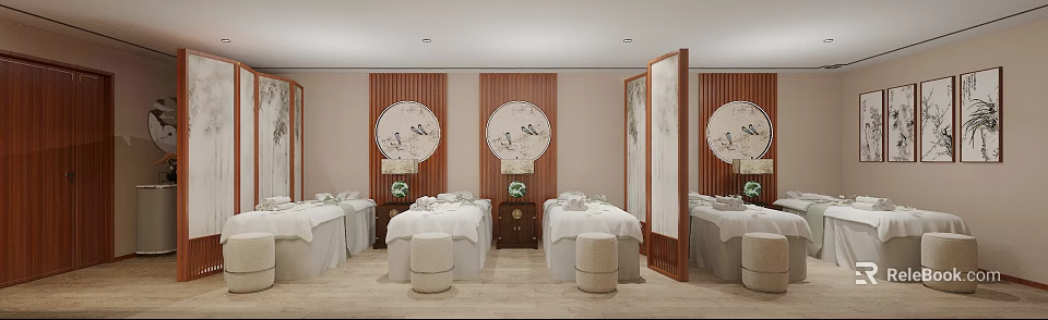 Traditional SPA Sauna Interior With Massage Beds Circular Decorative Paintings And Wooden Screens 3d model 
