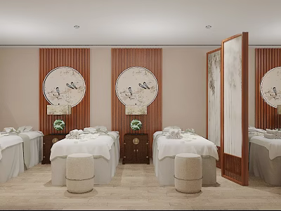 Traditional SPA Sauna Interior With Massage Beds Circular Decorative Paintings And Wooden Screens 3d model