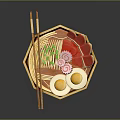 Ramen In Octagonal Red Bowl With Soft Boiled Eggs Red Toppings Green Garnish And Chopsticks