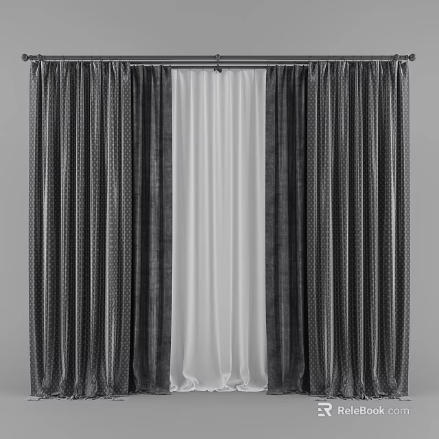 Stylish Double Layer Curtains with Dark Pattern and White Sheer for Window Decoration 3d model
