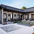 Traditional Chinese Courtyard Garden Landscape With Central Pond Rockery And Carved Floor