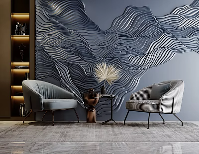 Modern Leisure Sofa Set Interior With Wavy Patterned Backdrop Side Table And Decorative Plant 3d model