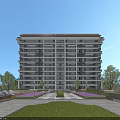 Modern High Rise Residential Building With Landscaped Gardens Lawn Trees And Purple Flowers