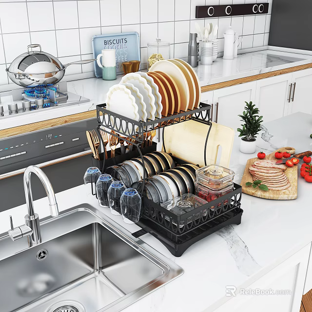 Modern Bathroom Cabinet Rack Organizing Dishes Cups And Utensils On Kitchen Counter 3d model 