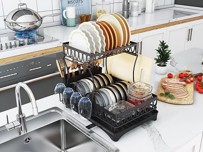 Modern Bathroom Cabinet Rack Organizing Dishes Cups And Utensils On Kitchen Counter 3d model