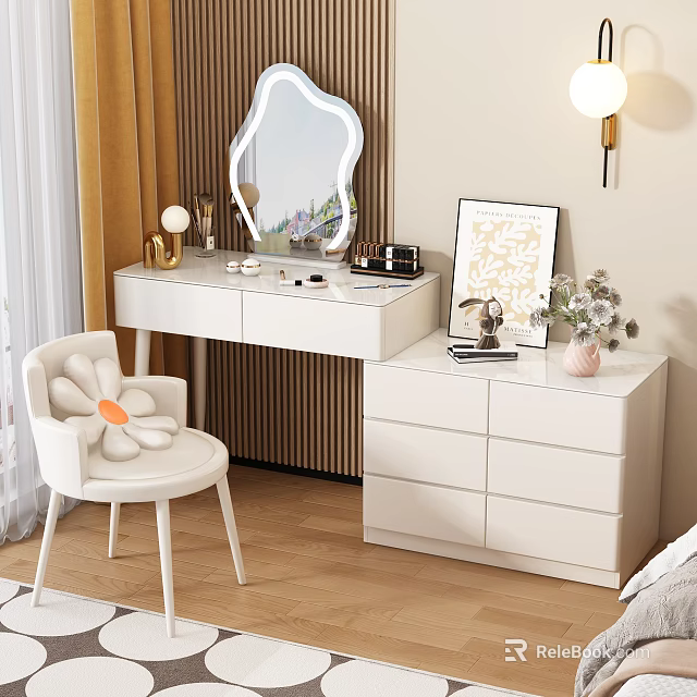 Modern White Dressing Table With Mirror And Flower Shaped Chair Drawer Cabinet 3d model 