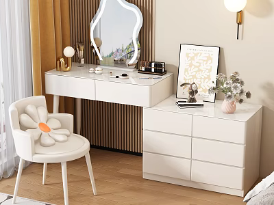 Modern White Dressing Table With Mirror And Flower Shaped Chair Drawer Cabinet 3d model