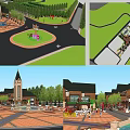 Vibrant Commercial Street With Brick Buildings Shops Pedestrians Greenery And Fountains