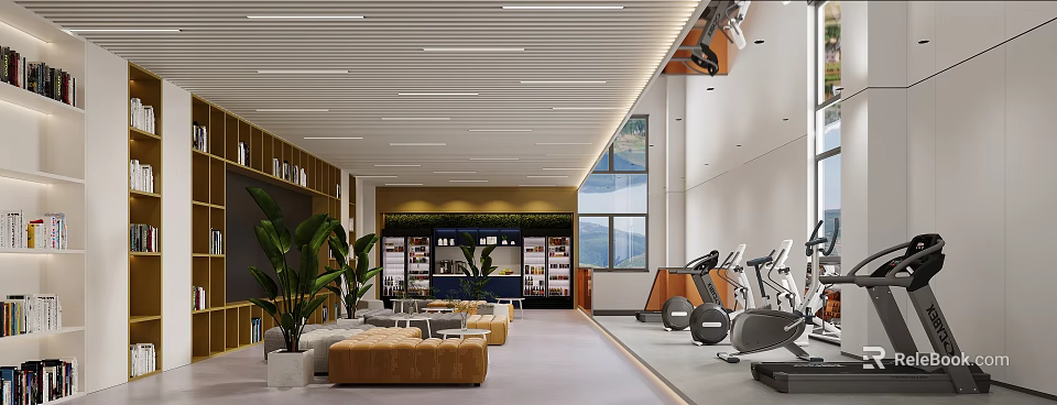 Modern Multifunctional Space With Lounge Fitness Equipment And Plants 3d model 