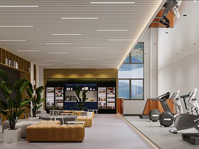 Modern Multifunctional Space With Lounge Fitness Equipment And Plants 3d model