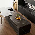 Modern Kitchen Interior With Wooden And Black Cabinets Marble Backsplash And Island Counter
