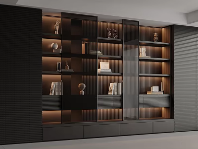 Modern Dark Bookcase With Layered Shelves Decorative Items And Built In Lighting 3d model