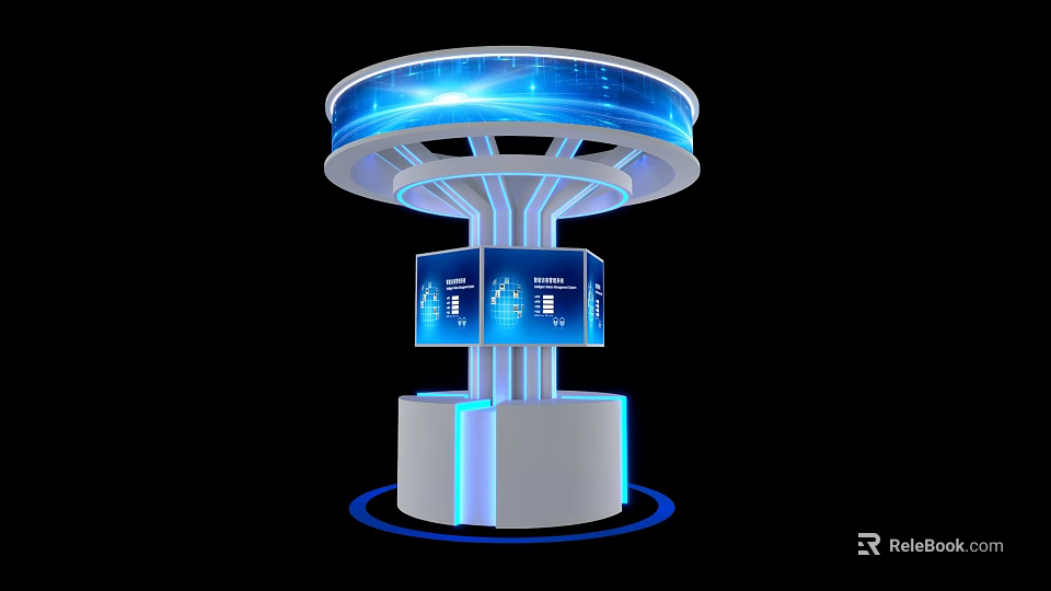 Tech Inspired Exhibition Island With Blue Illuminated Top And Display Screens 3d model 