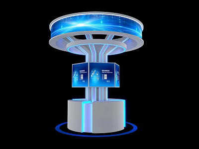 Tech Inspired Exhibition Island With Blue Illuminated Top And Display Screens 3d model