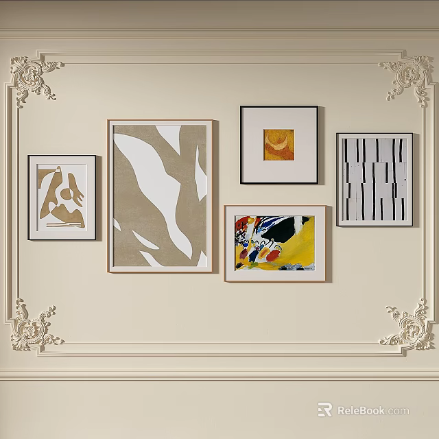Five Abstract Paintings Hanging On Beige Wall With Ornate Frames 3d model