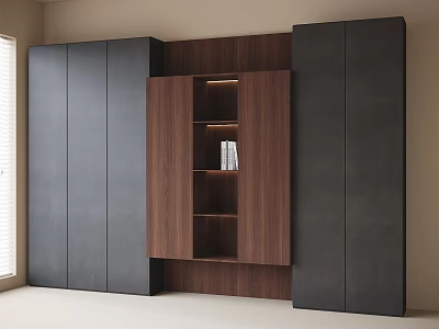 Modern Dark Wooden Bookcase Built in Wall Design With Minimalist Shelves And Storage 3d model