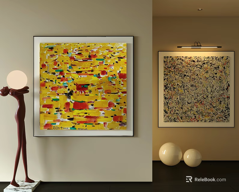 Abstract Oil Paintings Featuring Yellow Background Colorful Elements Sculpture Floor Lamp and Spherical Decorations 3d model 
