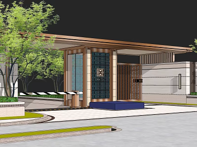 Modern Entrance Gate Design With Wooden Portico Decorative Grille And Green Plants 3d model