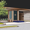 Modern Entrance Gate Design With Wooden Portico Decorative Grille And Green Plants