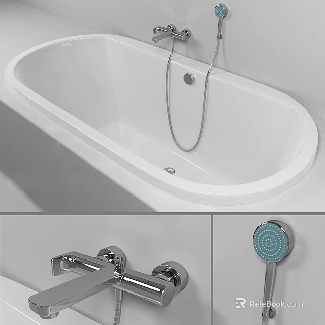 Modern Bathtub Bathroom Interior Design With Chrome Faucet And Showerhead 3d model 