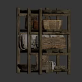 Rustic Wooden Shelf Displaying Clay Pots Woven Baskets Sacks And Wooden Tray