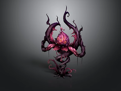 Purple Pink Tentacled Monster Creature With Glowing Head And Vine Like Structures 3d model