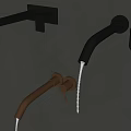 Modern Black and Copper Faucets Mounted on Gray Wall with Water Dripping