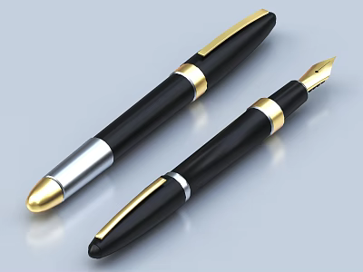 Elegant Black Fountain Pens Showcasing Gold Accents Silver Trim And Shiny Nib 3d model