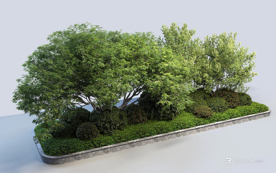 Road Greening Facilities with Various Green Plants Trees Shrubs and Gray Border 3d model 