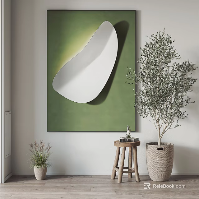 Modern Interior Decor With Green Painting White Abstract Mirror And Olive Tree 3d model 